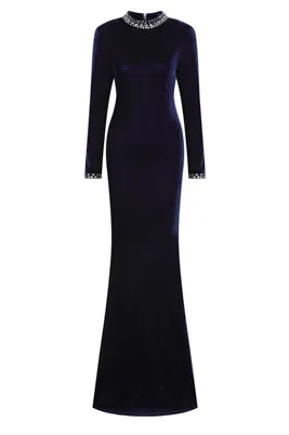 Yasmine Black Velvet Embellished Diamante Long Sleeve Maxi Dress