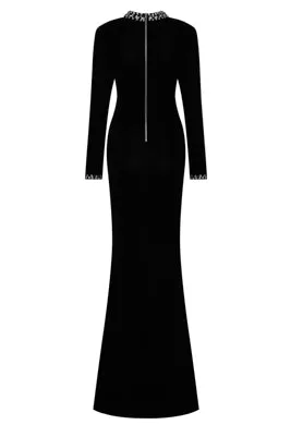 Yasmine Black Velvet Embellished Diamante Long Sleeve Maxi Dress