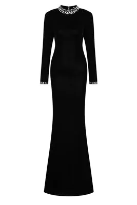 Yasmine Black Velvet Embellished Diamante Long Sleeve Maxi Dress