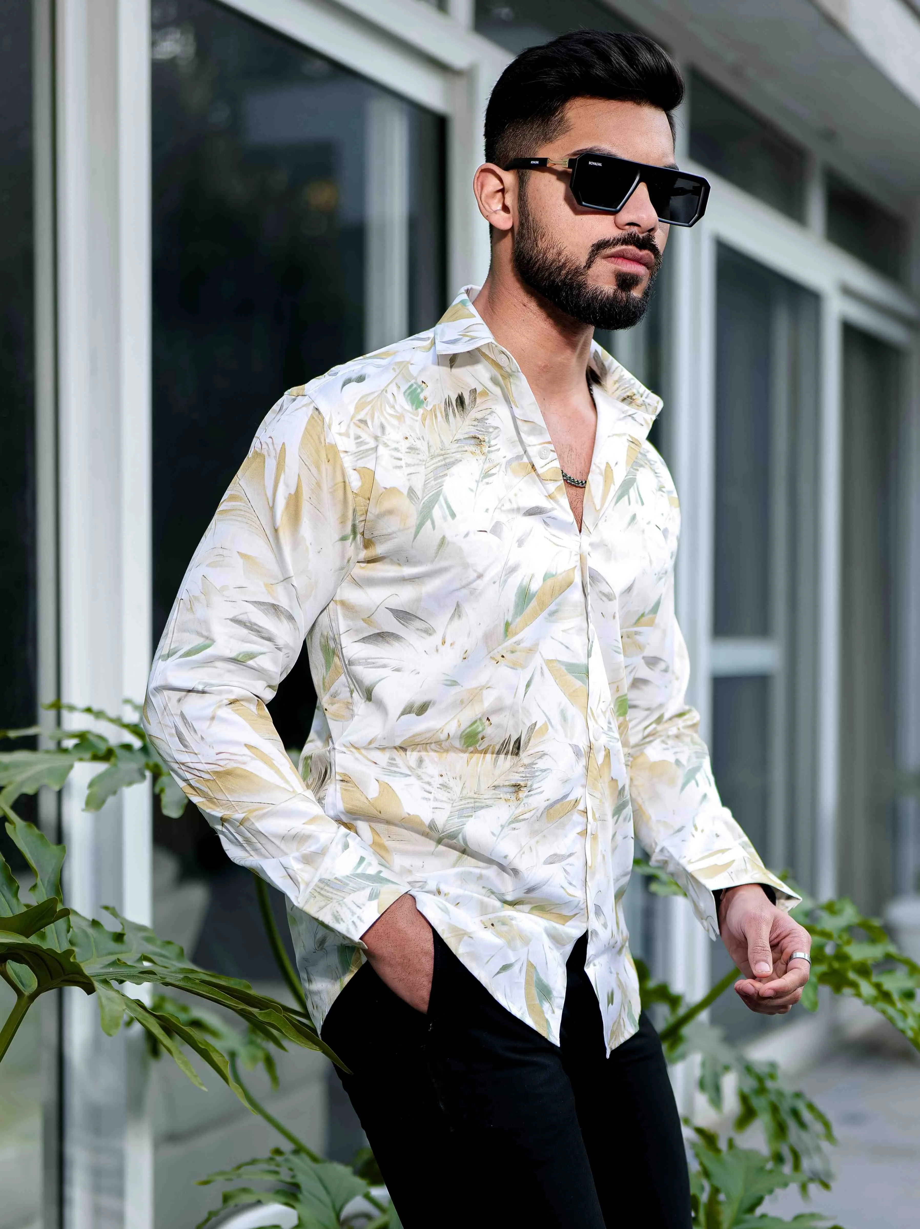 Yellow Giza Cotton Print Premium Shirt