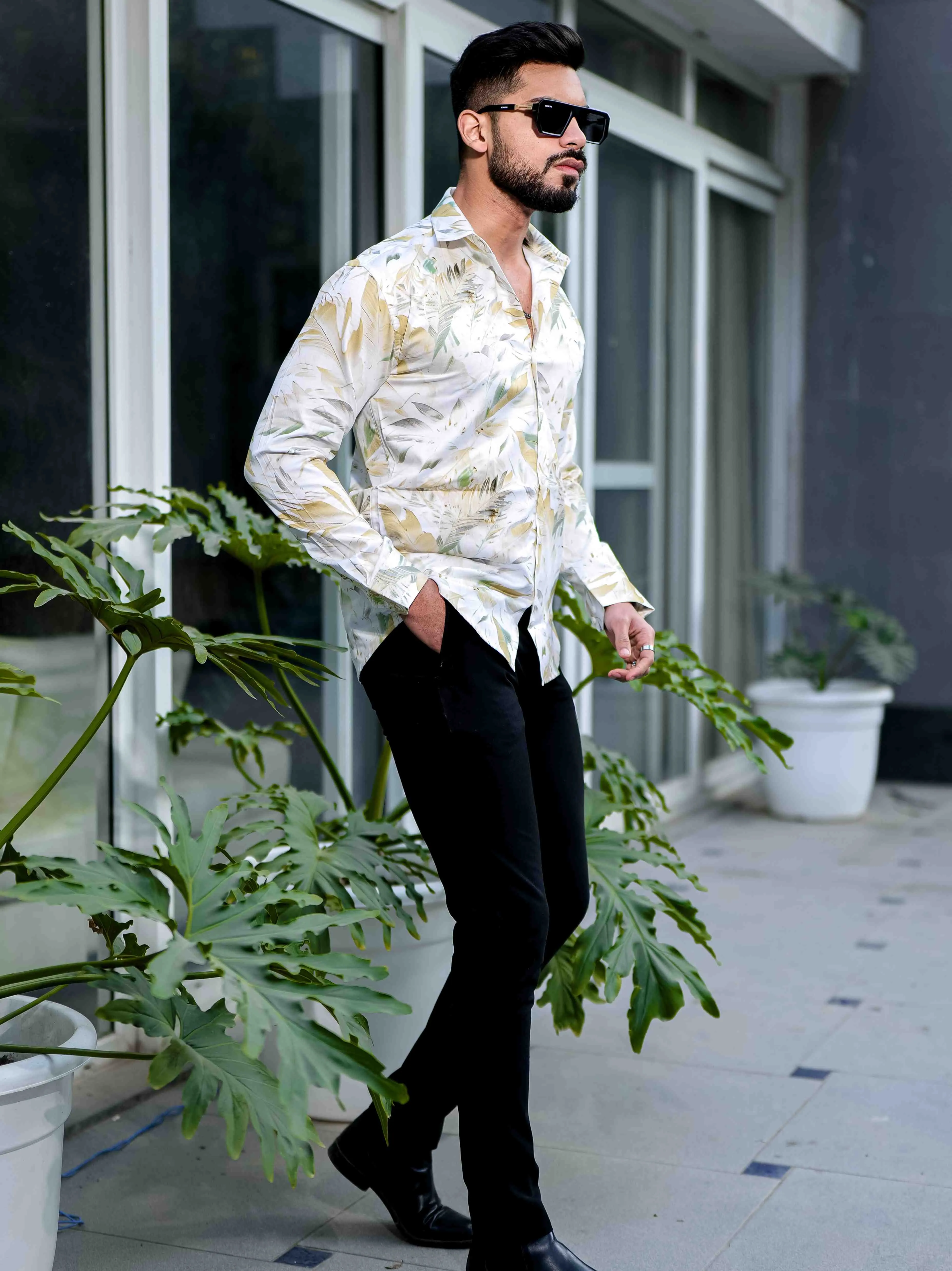 Yellow Giza Cotton Print Premium Shirt