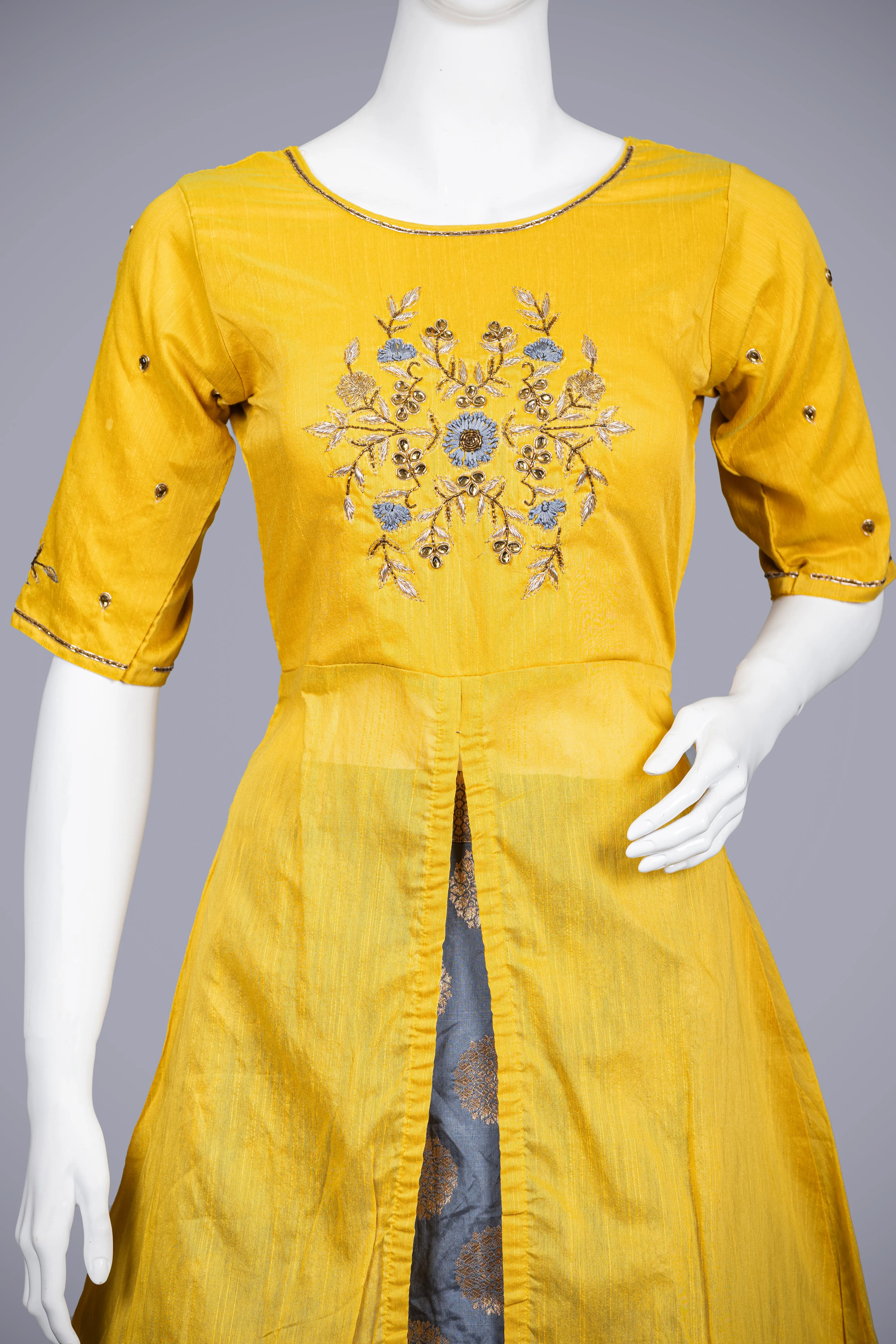 Yellow Indo Western in Banarasi Silk with Zardozi Work