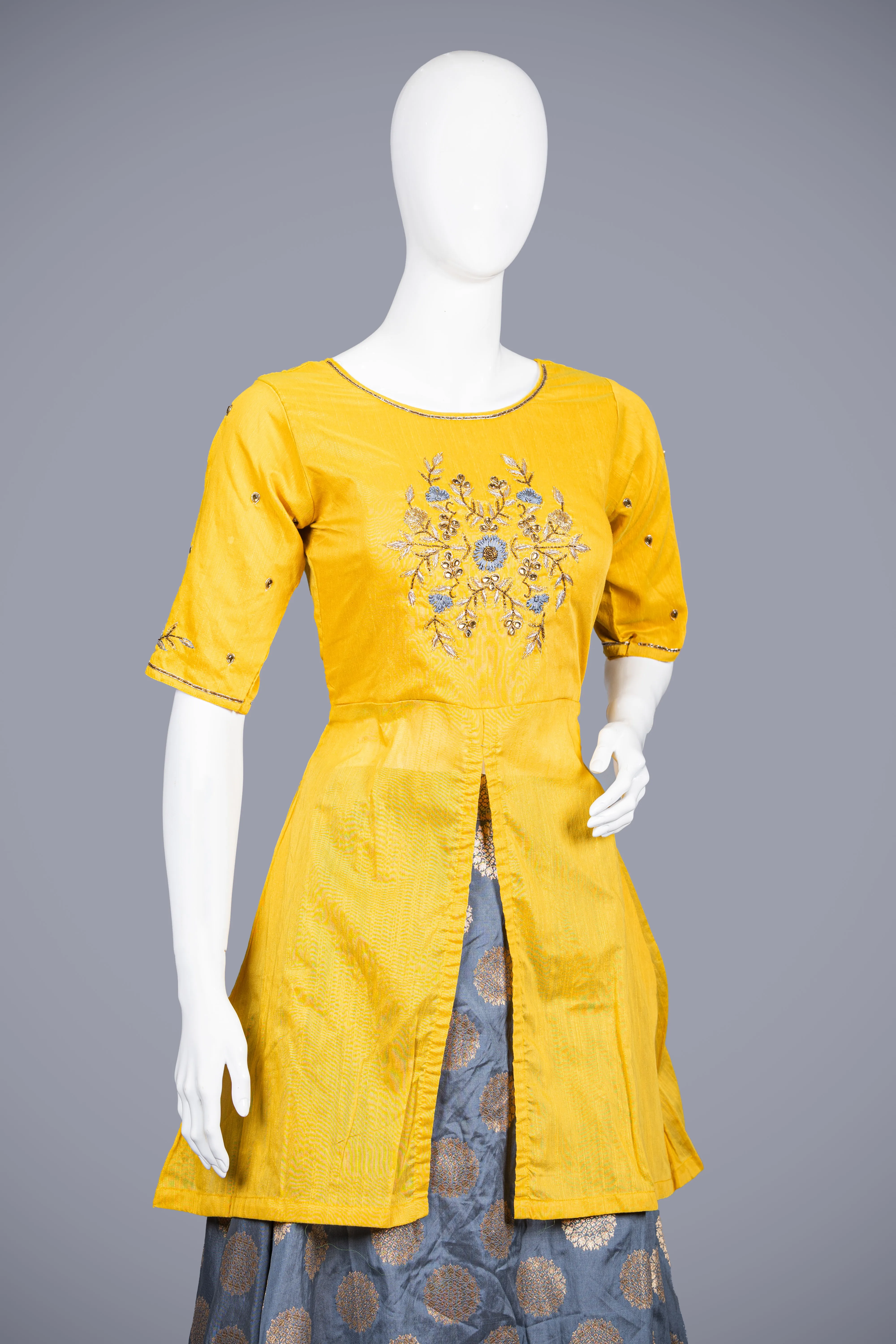 Yellow Indo Western in Banarasi Silk with Zardozi Work