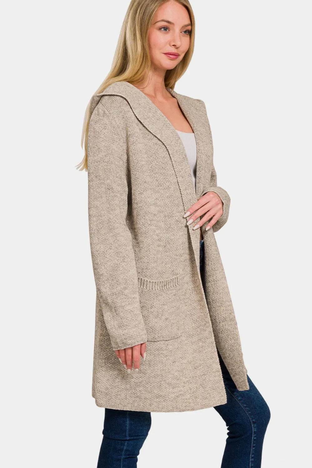 Zenana Hooded Open Front Sweater Cardigan Mocha